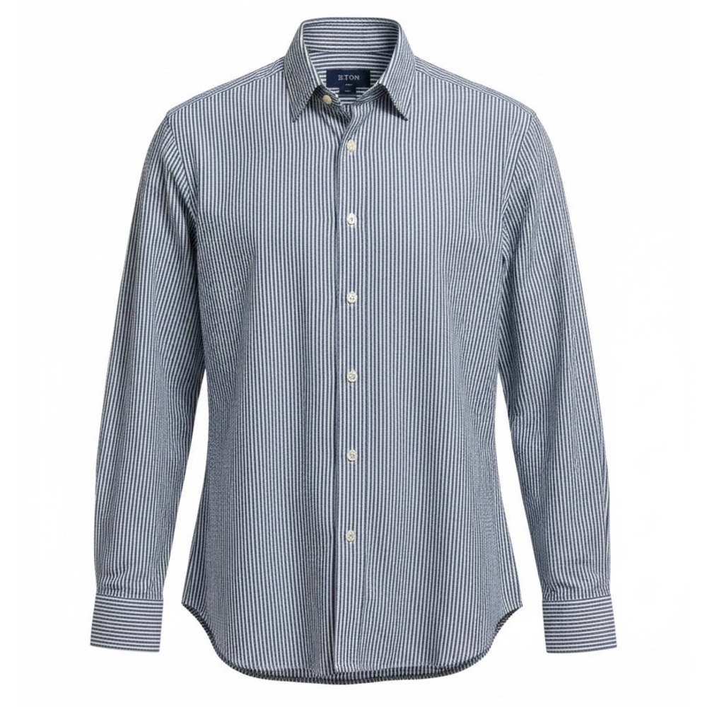 Eton Seesucker Men's Medium Slim Fit Blue White Striped Button Down Shirt (Y1)
